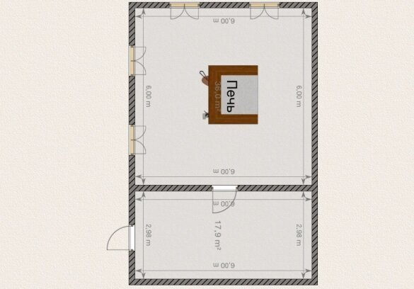 एक लॉग आवास 6x6 मीटर के केंद्र में व्यर्थ रूस ओवन खड़ा है। 3x6 मीटर चयक के आकार।